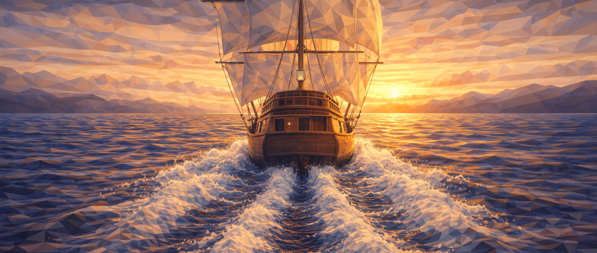 Segelschiff bei Sonnenuntergang auf dem Meer. Eine starke Furche im Wasser zeugt von hoher Geschwindigkeit und Robustheit.