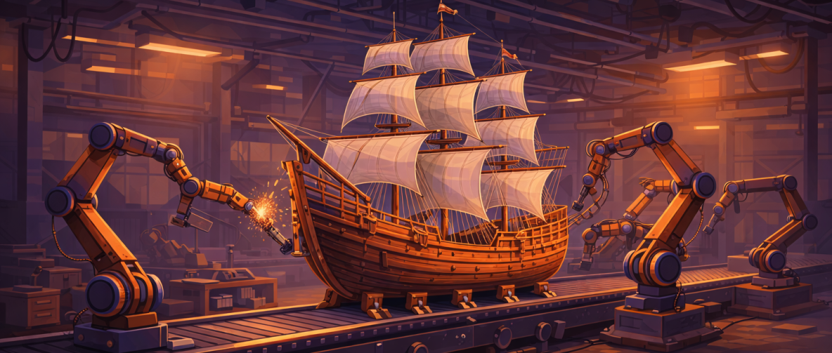 Segelschiff wird von Industrierobotern in einer Werft bearbeitet.