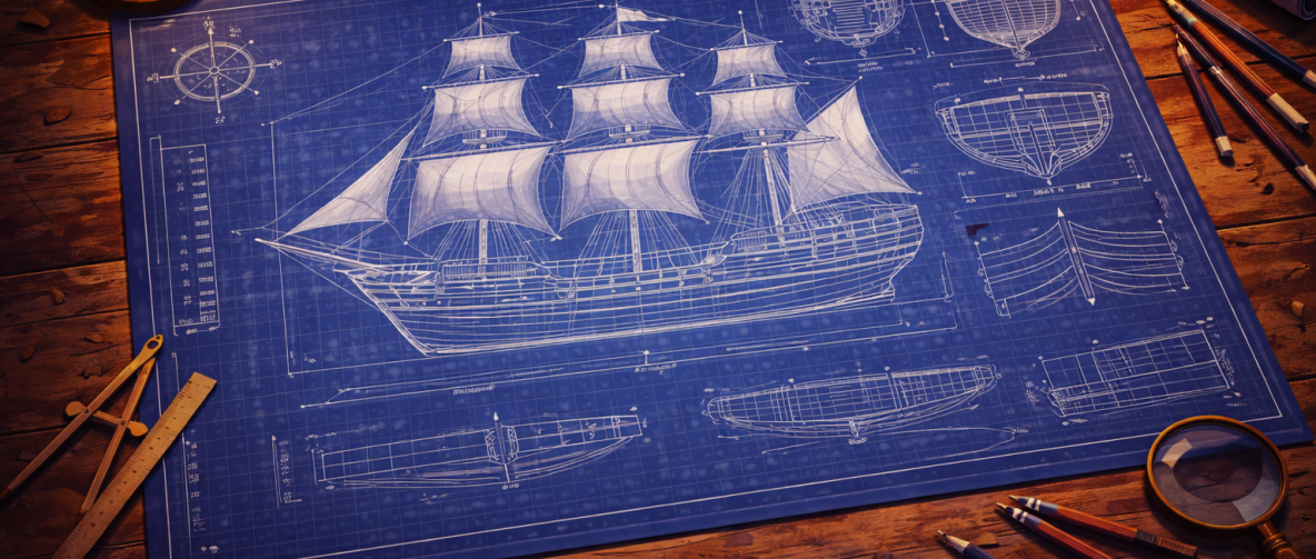 Blaupause Segelschiffs, umgeben von Zeichengeräten.