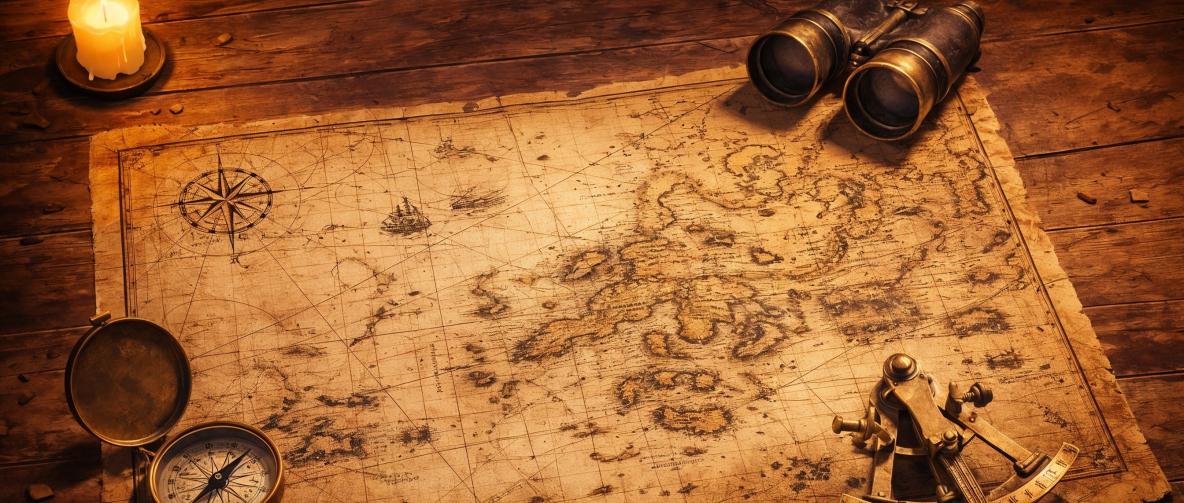 Seekarte mit Navigationsinstrumenten: Kompass, Fernglas, Sextant für Drupal-Beratung