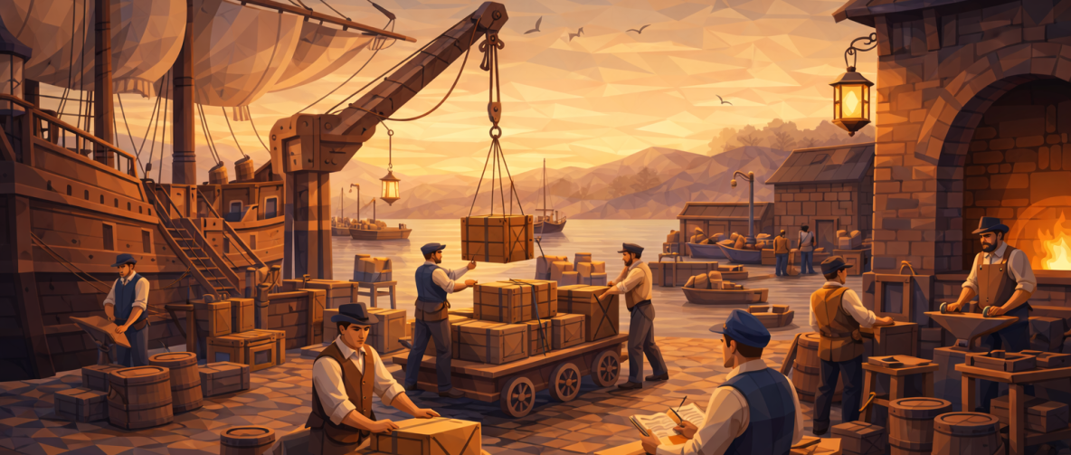 Ein geschäftiger Hafen mit Menschen, Waren, Kränen und einem Segelschiff in abendlicher Lichtstimmung