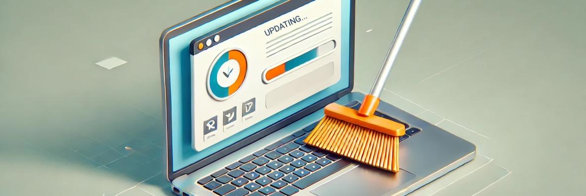 Laptop mit Updates und Fortschrittsbalken auf dem Bildschirm und einem Besen, der die Tastatur fegt