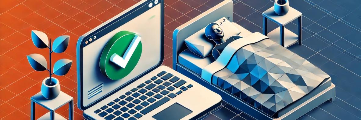Laptop mit grünem Häkchen auf dem Bildschirm, daneben ein Bett mit schlafender Person