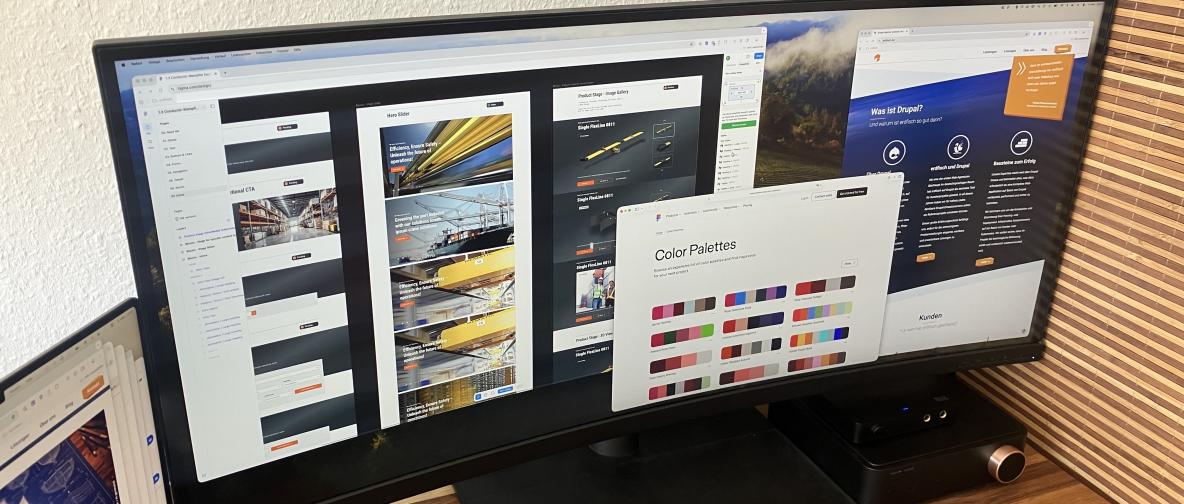 Großer Monitor mit mehreren geöffneten Design-Oberflächen.