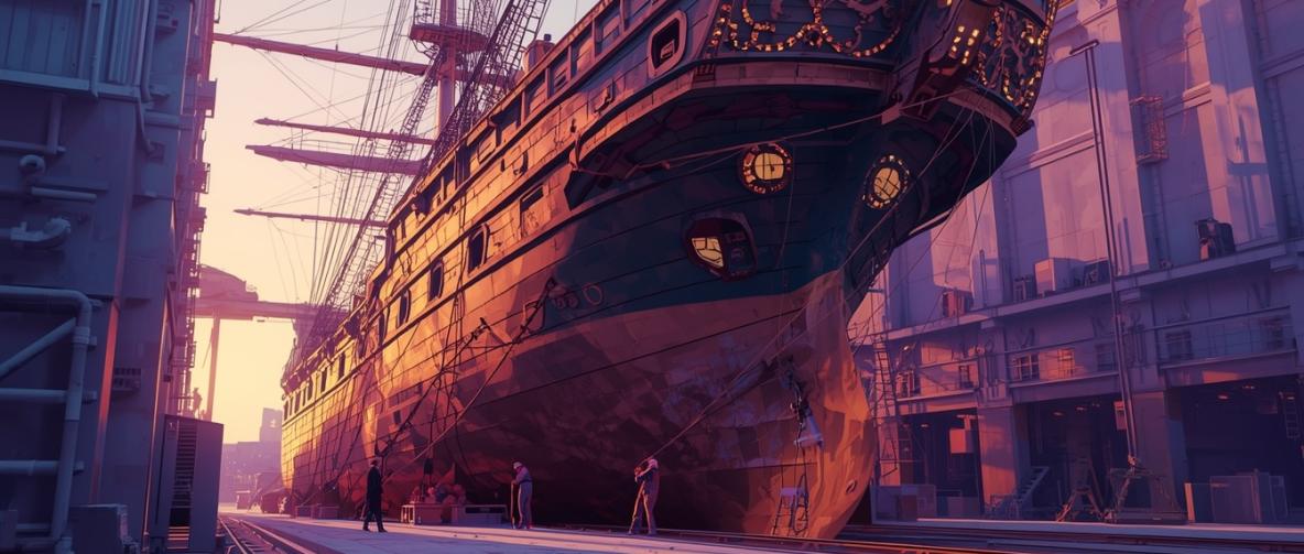 Ein großes Segelschiff wird in einer Werft gewartet.