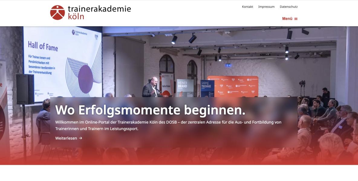 Neue Startseite der Trainerakademie Köln Webseite