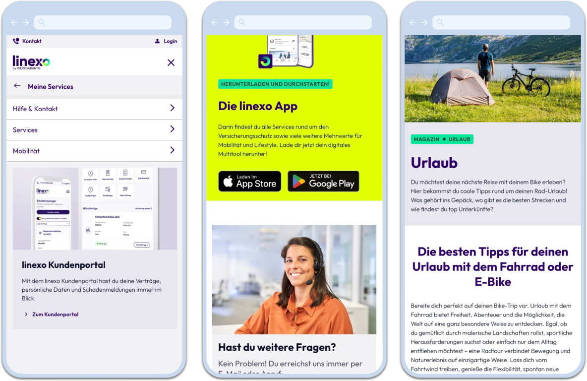 3 mobile Screenshots der linexo Webseite