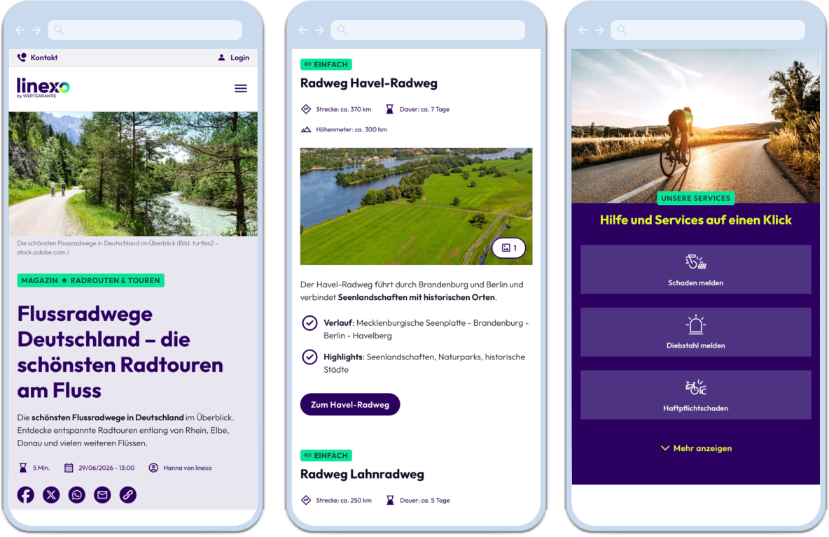 3 mobile Screenshots der linexo Webseite