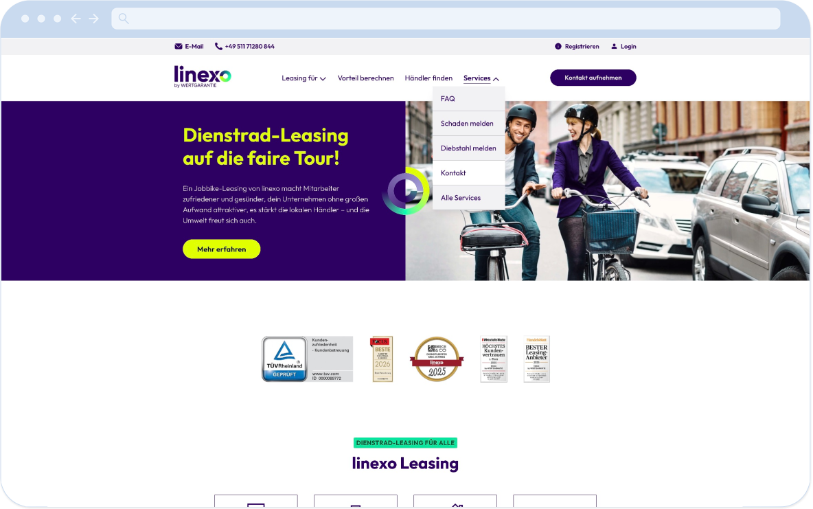 Screenshot der linexo Microsite zum Thema Leasing
