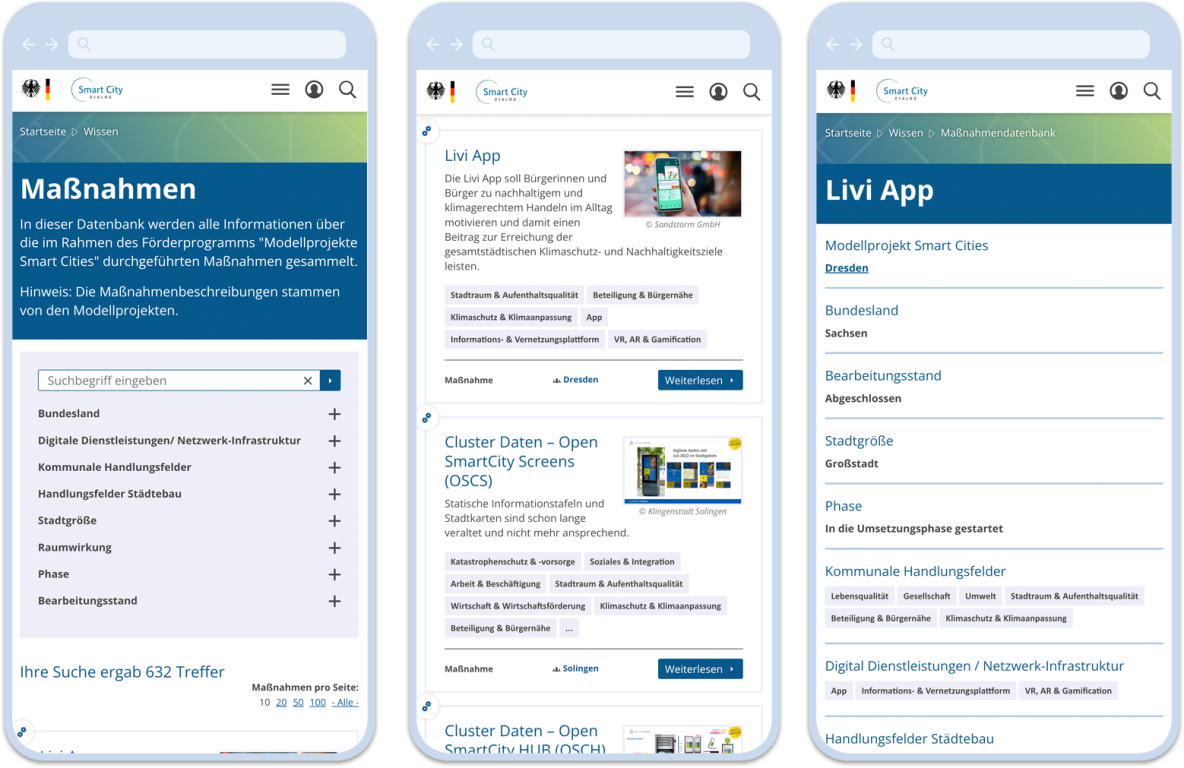 Mobile Screenshots der Smart Cities Maßnahmendatenbank