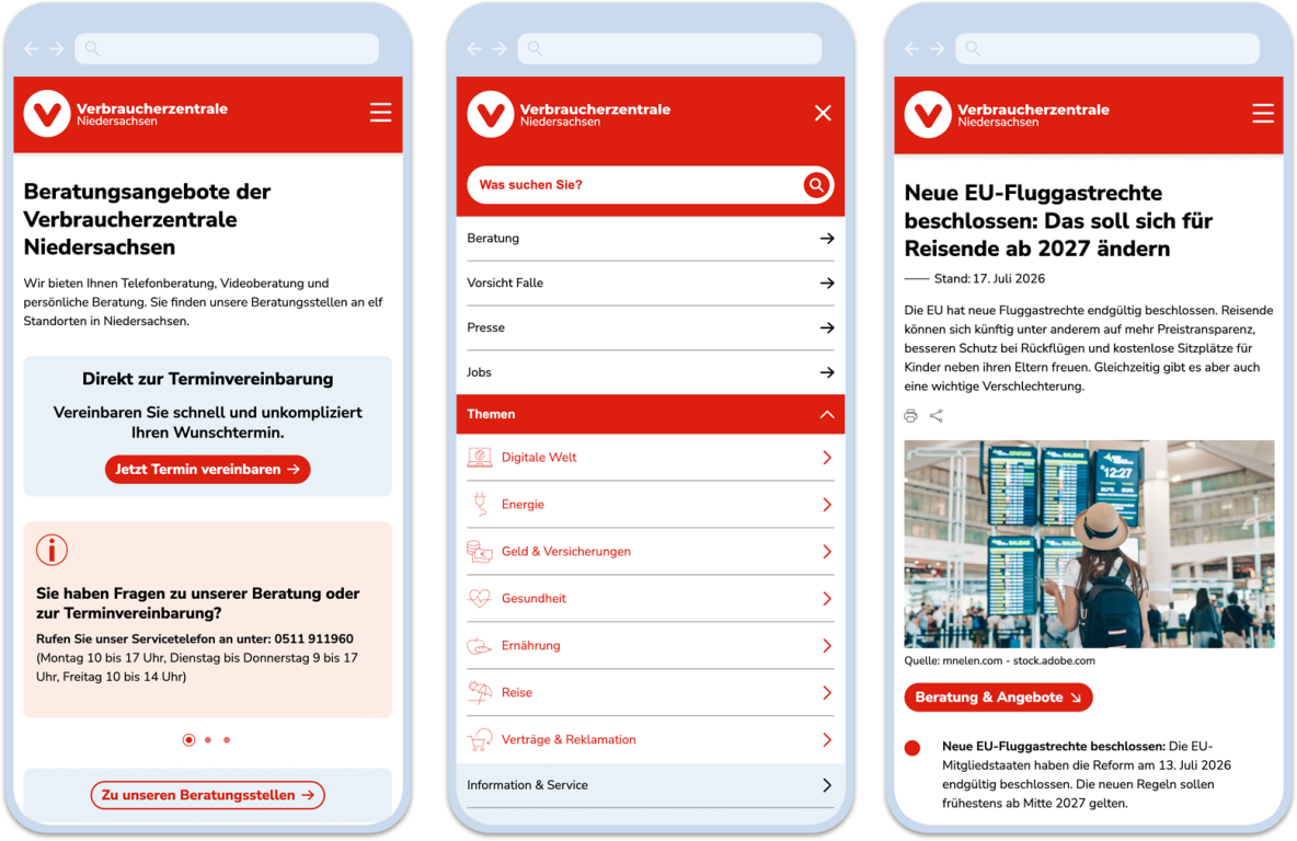 Screenshots im Mobile Viewport von der Verbraucherzentrale Niedersachsen