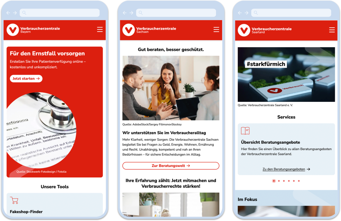 Mobile Startseiten von 3 verschiedenen Länderverbraucherzentralen