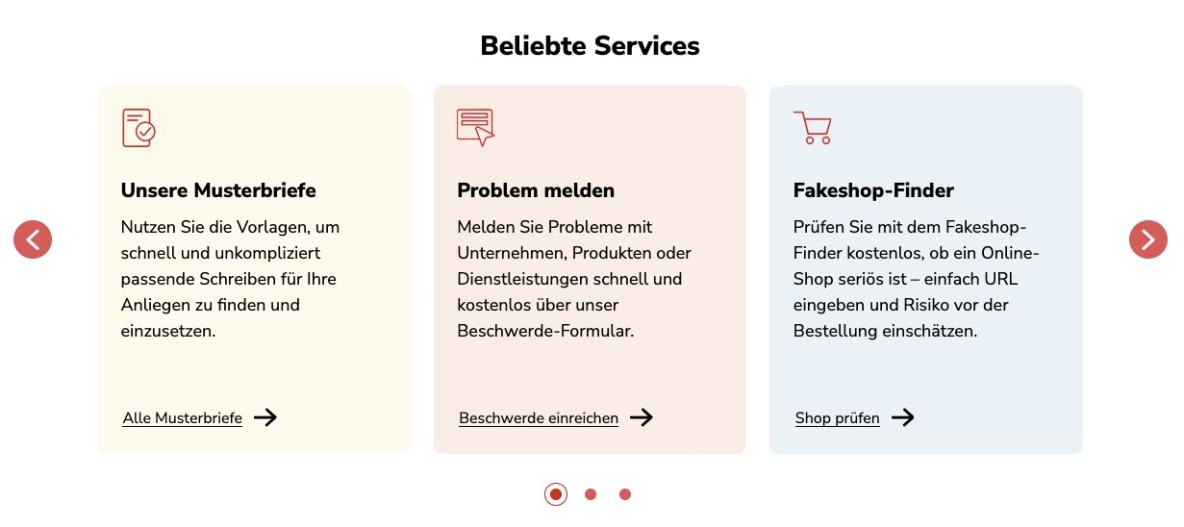 Drei Teaser in einem Carousel –&nbsp;Beispiel auf verbraucherzentrale.de