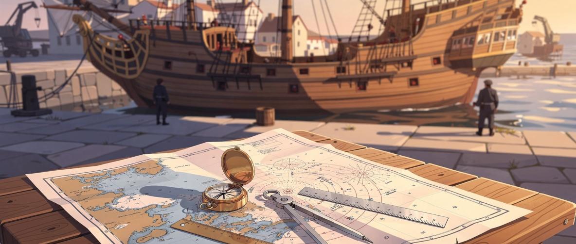 Schiff wird inspiziert und für die große Reise vorbereitet. Seekarte im Vordergrund, Schiff und Inspektion im Hintergrund.