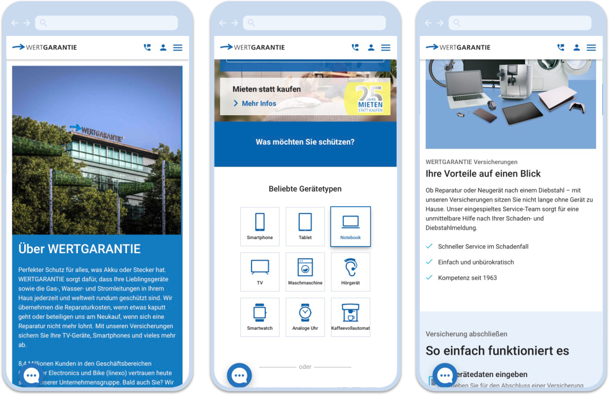 Wertgarantie Screenshots (mobile) – die Seite ist vollständig responsive und mobile-first.