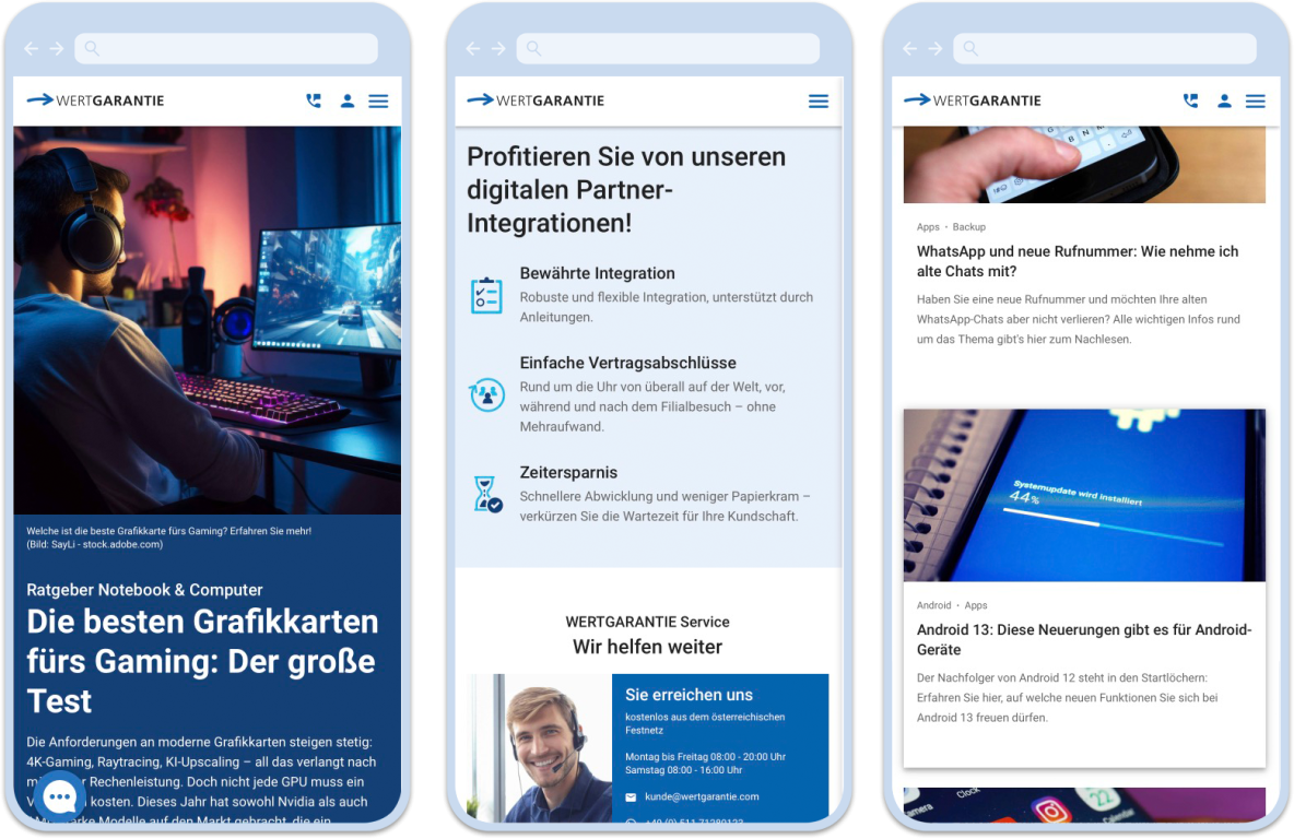 Wertgarantie Screenshots (mobile, responsive design)