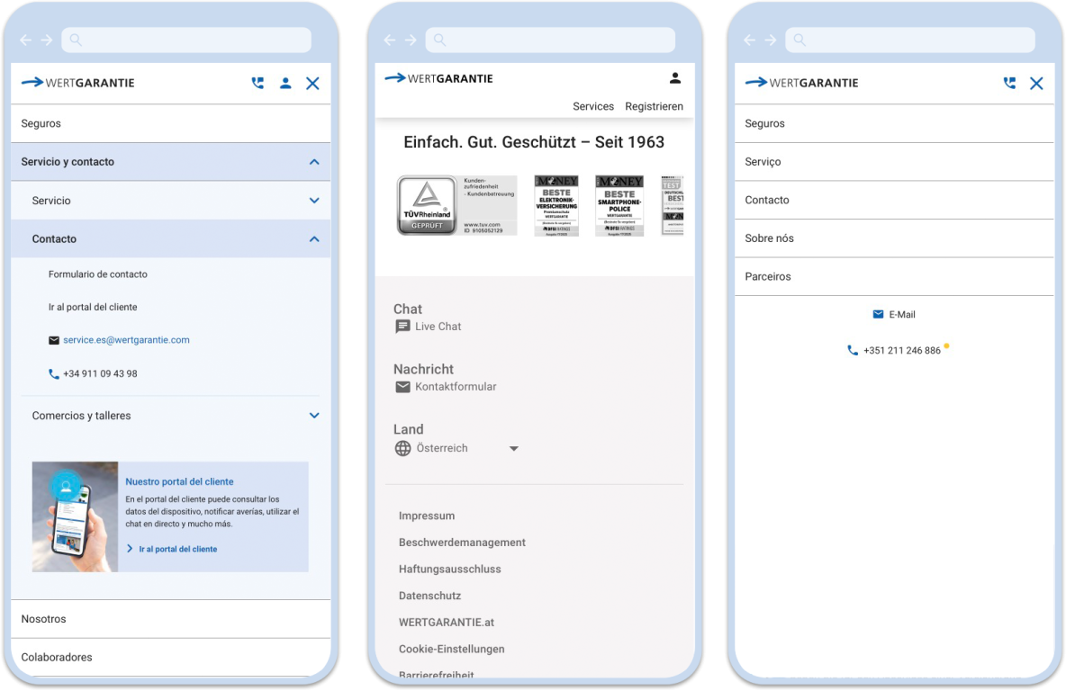 Wertgarantie Screenshots (mobile) – verschiedene Multisites nebeneinander.