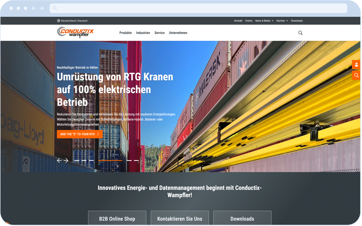 Deutsche Startseite von Conductix-Wampfler im Desktop-Layout mit Hero-Bereich und Hauptnavigation; eine von 26 Länderseiten aus einer gemeinsamen Drupal-Codebase.