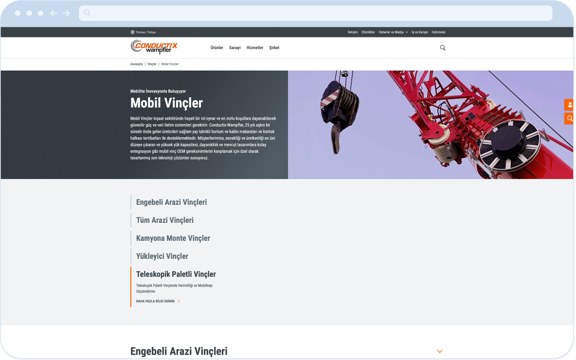 Türkische Conductix-Wampfler-Länderseite mit der Marktseite „Mobil Vinçler" (Mobilkrane), lokalisiert aus derselben Drupal-Codebase.