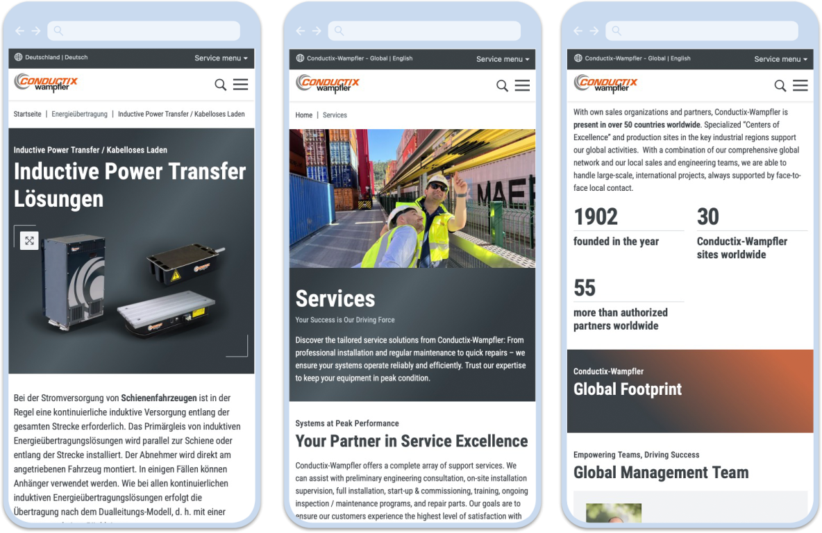 Conductix-Wampfler multilinguales Multisite-System aus einer Codebase: drei mobile Screenshots nebeneinander – globale und deutsche Webseite.