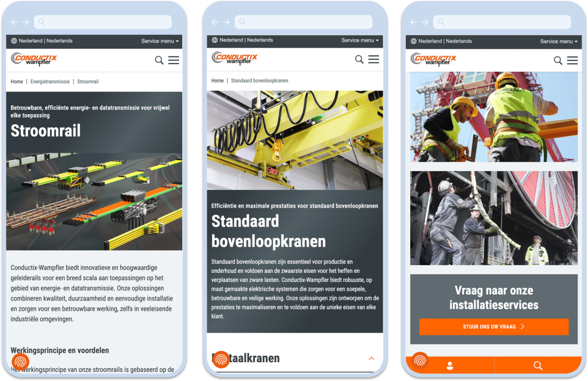 Conductix-Wampfler multilinguales Multisite-System aus einer Codebase: drei mobile Screenshots der niederländischen Website.