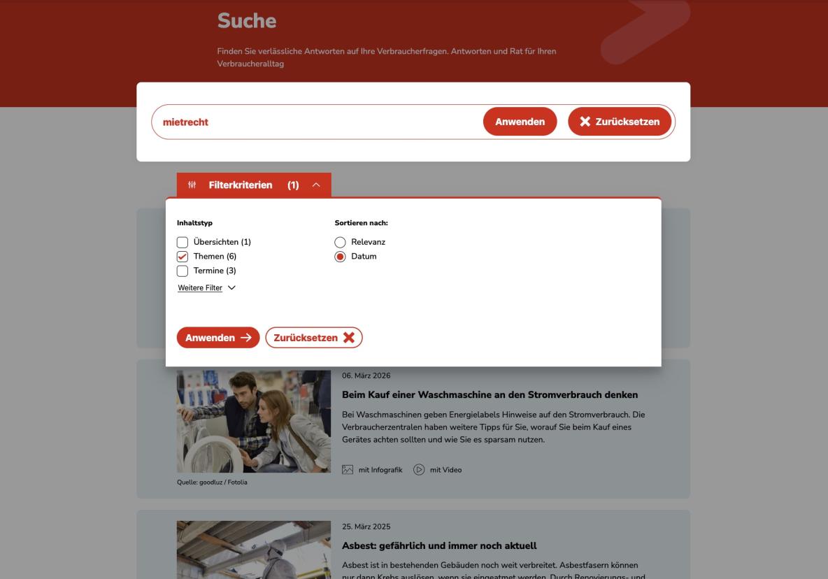 Screenshot von der Suchfunktion der Verbraucherzentrale: es wurde nach "mietrecht" gesucht; zusätzlich sind Filter- und Sortiermöglichkeiten eingeblendet.